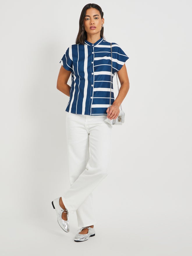 Take Two Take Two Striped Mandarin Collar Buttoned Top  - Image 2