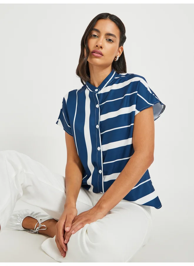 Take Two Take Two Striped Mandarin Collar Buttoned Top