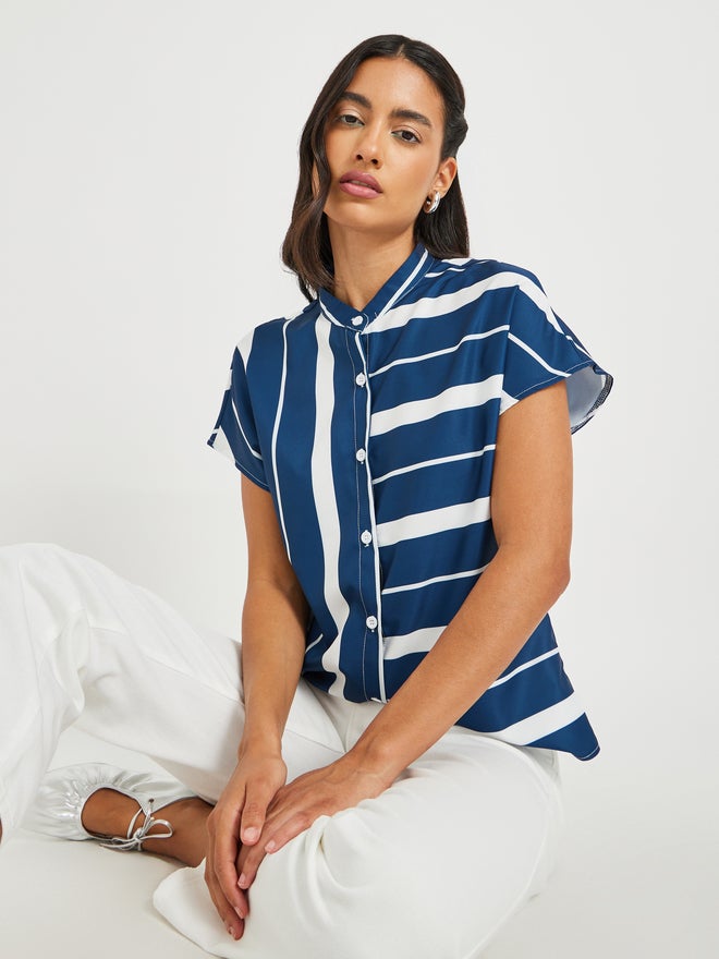 Take Two Take Two Striped Mandarin Collar Buttoned Top  - Image 1