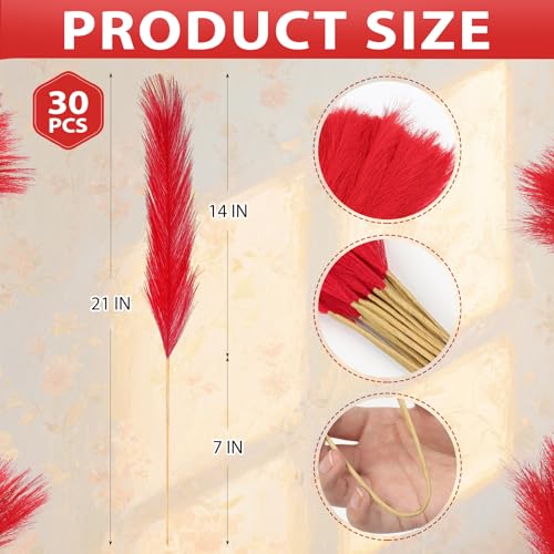 JOLYEAK 30pcs Pampas Grass Decor,21" Artificial Pompous Grass Bulk,Small Vase Filler Pompas Grass for Home Wedding Living Room Wall Party Decoration (Red, 21 Inch 30 Pcs) - Image 2