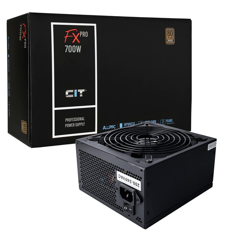 CiT FX Pro 700W Power Supply (No Power Cable inc.), Non Modular, APFC, Japanese Tk Main Capacitor, 80 Plus Bronze, 88% Efficiency, 14cm Cooling Fan, For Pro Gamers | Black - Image 1
