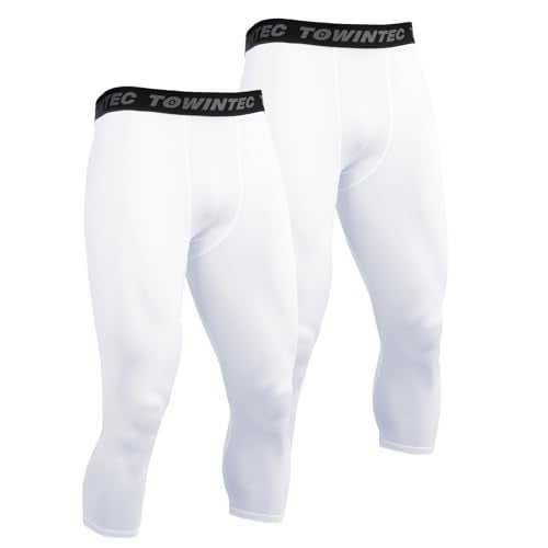 Towintec Mens 3/4 Compression Pants Dry Fit Athletic Workout Leggings Running Football Tights Basketball Yoga Gym Base Layer Underwear(White+White,L) - Image 1
