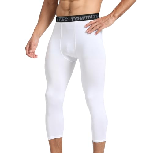 Towintec Mens 3/4 Compression Pants Dry Fit Athletic Workout Leggings Running Football Tights Basketball Yoga Gym Base Layer Underwear(White+White,L) - Image 3