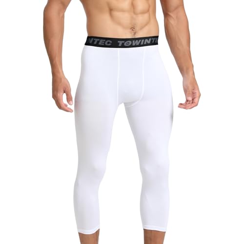 Towintec Mens 3/4 Compression Pants Dry Fit Athletic Workout Leggings Running Football Tights Basketball Yoga Gym Base Layer Underwear(White+White,L) - Image 2