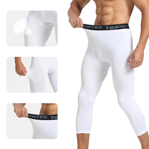 Towintec Mens 3/4 Compression Pants Dry Fit Athletic Workout Leggings Running Football Tights Basketball Yoga Gym Base Layer Underwear(White+White,L) - Image 4