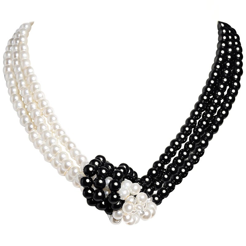 Coucoland 1920s Imitation Pearls Necklace 20s Gatsby Knot Pearl Necklace 1920s Flapper Pearls Accessories Two-tone Stitching Style (Black and White) - Image 2