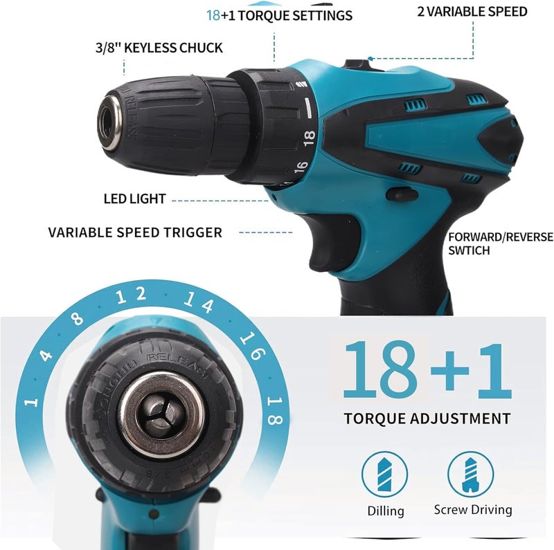 WEMART 12V Cordless Drill Set, Electric Drill With Battery And Charger, Home Power Drill, 3/8-Inch Keyless Chuck, 2 Variable Speed, 18+1 Position, Led Light And 24Pcs Accessories (Blue) - Image 2