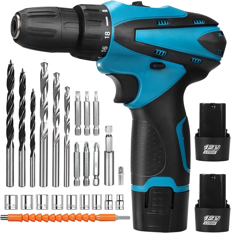 WEMART 12V Cordless Drill Set, Electric Drill With Battery And Charger, Home Power Drill, 3/8-Inch Keyless Chuck, 2 Variable Speed, 18+1 Position, Led Light And 24Pcs Accessories (Blue) - Image 1