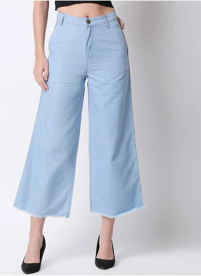 هاي ستار Women Blue Flared Solid Cropped Regular Trousers