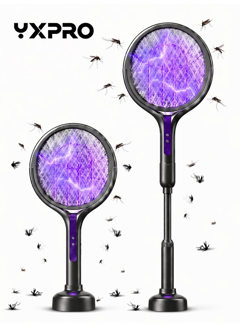 YXPRO 2-in-1 Telescopic Electric Mosquito Swatter and Bug Zapper, Rechargeable Mosquito Trap Lamp with 90° Rotating Head, 5-Layer Safety Mesh, Extendable Handle and Type-C Charging Base for Indoor and Outdoor Use - Image 1