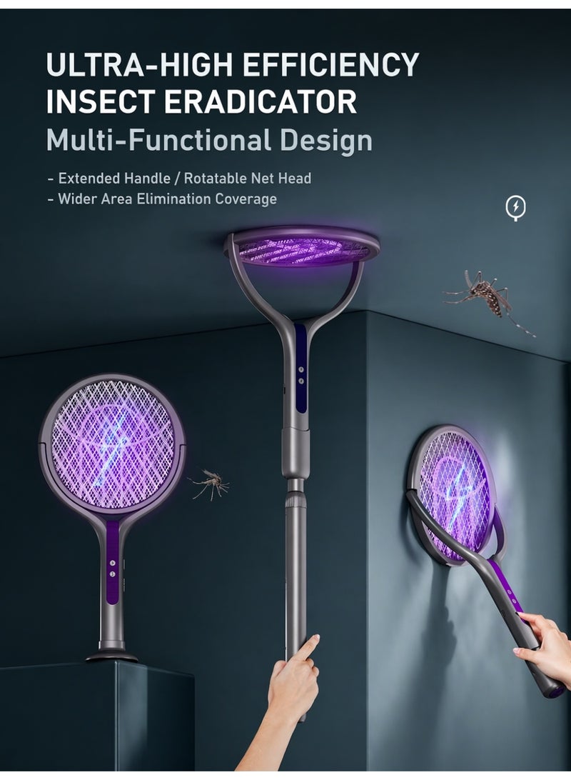 YXPRO 2-in-1 Telescopic Electric Mosquito Swatter and Bug Zapper, Rechargeable Mosquito Trap Lamp with 90° Rotating Head, 5-Layer Safety Mesh, Extendable Handle and Type-C Charging Base for Indoor and Outdoor Use - Image 2