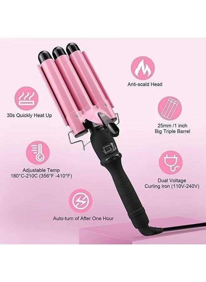 Triple Barrel Curling Iron - 1-Inch Hair Waver for Mermaid Beach Waves, Adjustable Temperature Ceramic Tourmaline Curler, Fast Heating (Pink) - Image 2
