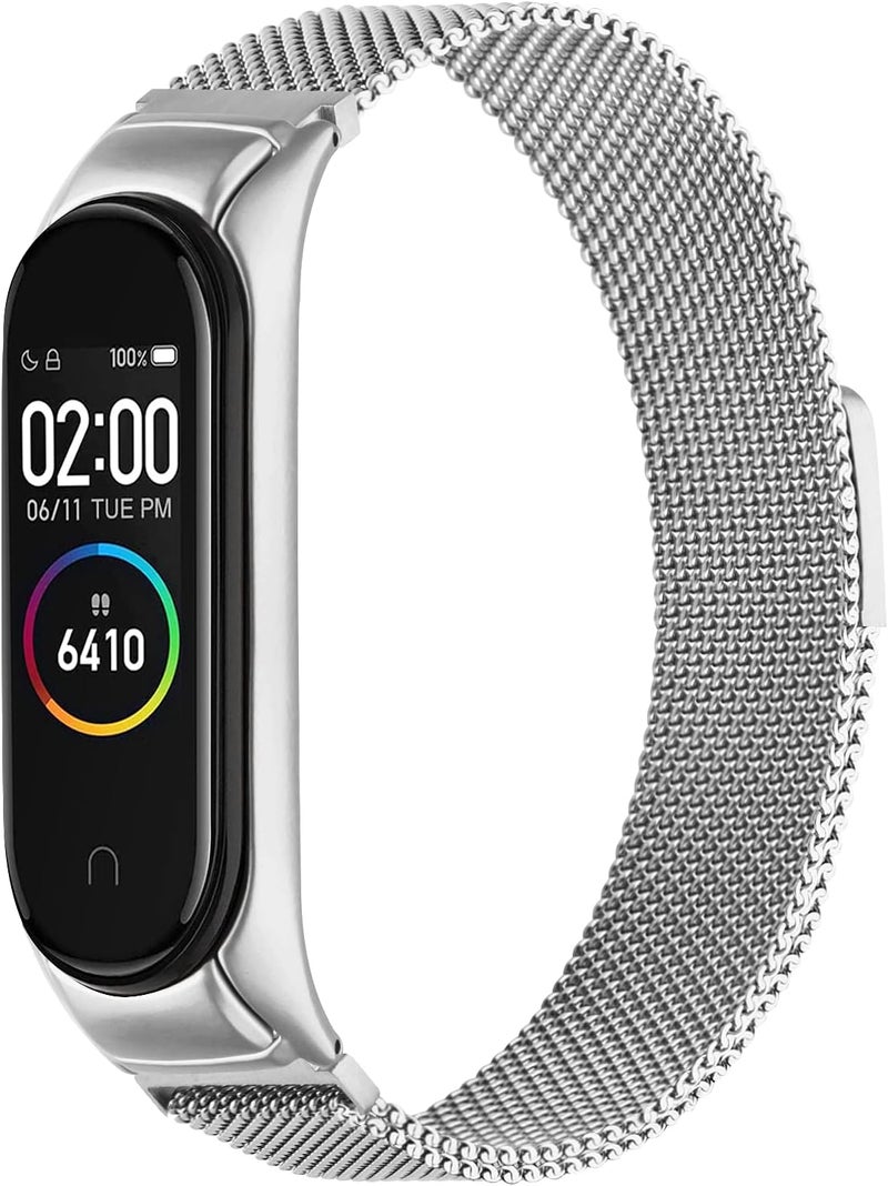 Mugust Stainless Steel Metal Magnet Strap Compatible With Xiaomi Mi Band 4/3, Replacement Bracelet for Mi Smart Band 4, Women Men (Silver), Classic - Image 1