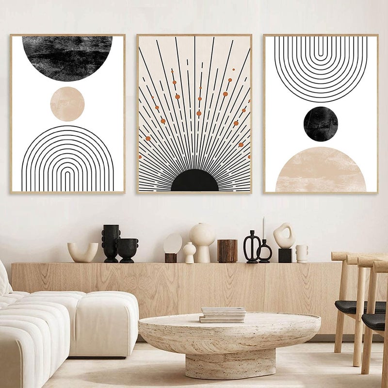 LOARTVE 3 Pcs Boho Wall Art Mid Century Modern Neutral Abstract Geometric Line Minimalist Black and White Beige Sun Wall Decor Poster Pictures Prints for Living Room Bedroom Bathroom Office Home Unframed - Image 1