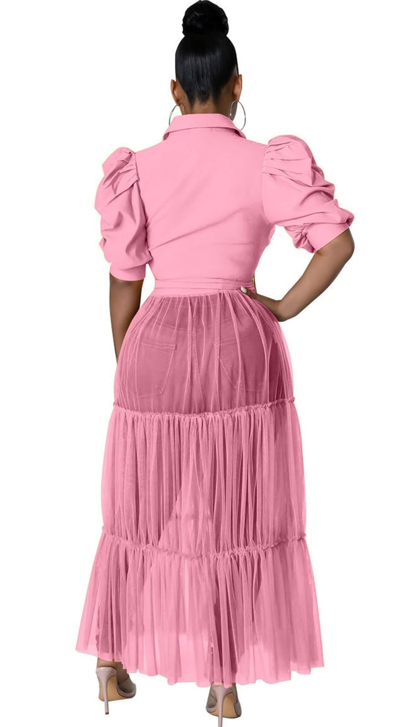 Ekaliy Womenâ€™s Plus Size Casual Tunic Tops Blouses Mesh See Through Shirts Dresses with Belt Club Party Outfit XXL Pink - Image 4