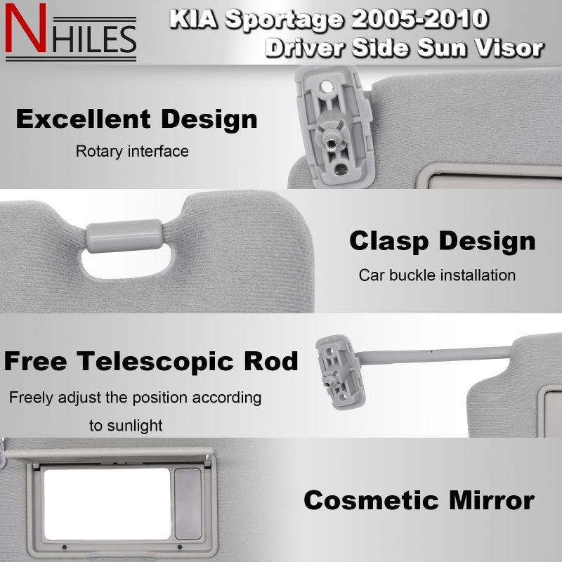 NHILES Driver Left Side Sun Visor Replacement Fits for KIA Sportage 2005-2010 Sunshade Without Light 85202-1F090LX Color Gray - Image 4