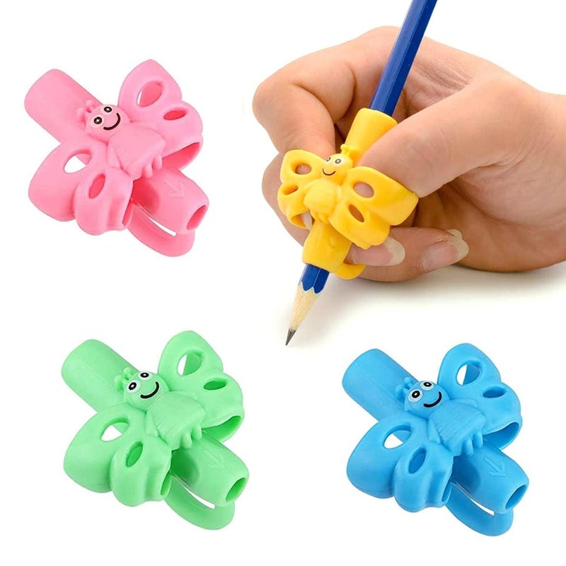 AIMERS Pencil Gripper for Kids Handwriting Posture Correction Aid Soft Silicone Butterfly Design 3pc Multicolor Pack Ergonomic Pen Holder for Preschoolers Toddlers Writing Drawing Aid