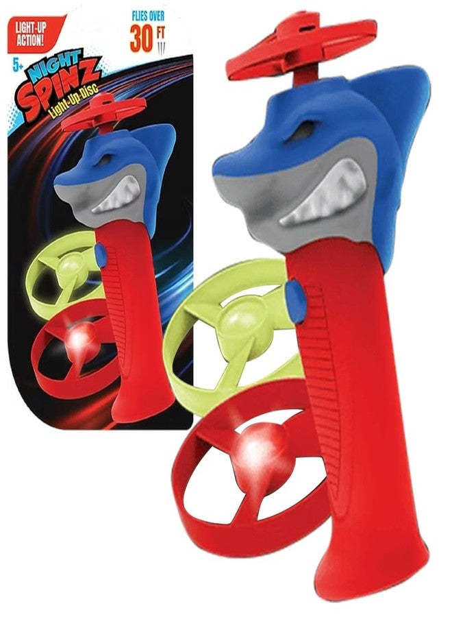 Spinz Night Shark Flying Disc Launcher, Light Up Propeller Outdoor Toy with Dinosaur Head and 2 Spinning Discs, Flies Over 30 Ft, 5+ Years - Image 1