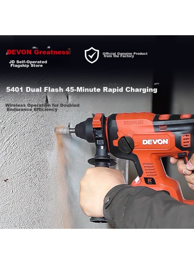 Devon Dayou 20v Brushless Cordless Lithium-ion Rotary Hammer 5401, Impact Drill And Electric Pick Dual-use, Concrete Chiseling, Dual Battery 5.0, Fast Charging - Image 3