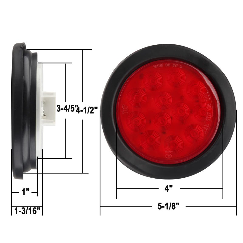 Partswcgg 10Pcs 4 Inch Round Led Trailer Tail Lights Red 12 LED Waterproof 4" Round LED Stop Turn Tail Brake Light Marker Trailer Truck RV Lights Sealed Grommet Flush Mount w/3 Prong Wire Pigtails - Image 4