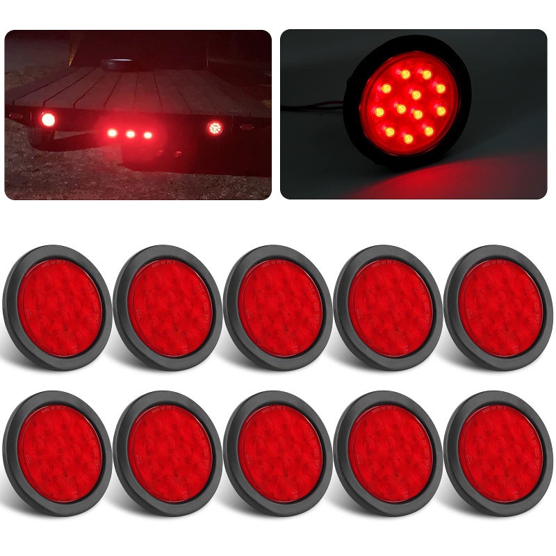 Partswcgg 10Pcs 4 Inch Round Led Trailer Tail Lights Red 12 LED Waterproof 4" Round LED Stop Turn Tail Brake Light Marker Trailer Truck RV Lights Sealed Grommet Flush Mount w/3 Prong Wire Pigtails - Image 1