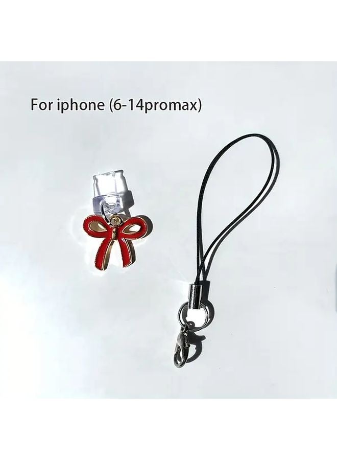 Red Minimalist Bow Shaped Phone Dust Plug For iPhone 6 14 Pro Max With Storage Lanyard - Image 1