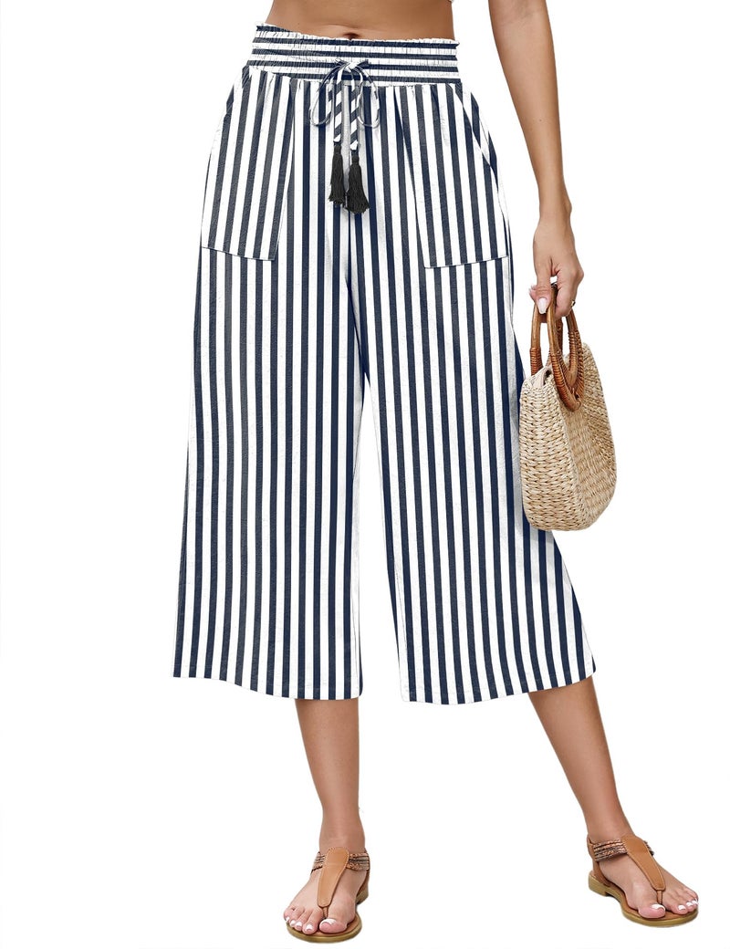 LOMON Womens Capri Pants Summer Vacation 2025 Fashion Outfits Clothes Loose High Waisted Wide Leg Lounge Pants Drawstring Baggy Flowy Casual Palazzo Trousers with Pockets Black Striped Large - Image 1
