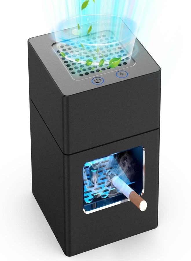 VTAR Rechargeable Mini Ashtray with Lid,Detachable Ash tray with Lighter,Aluminum Smokeless Trash Can with USB Line,Portable Ashtray with LED Blue Light (Black) - Image 1