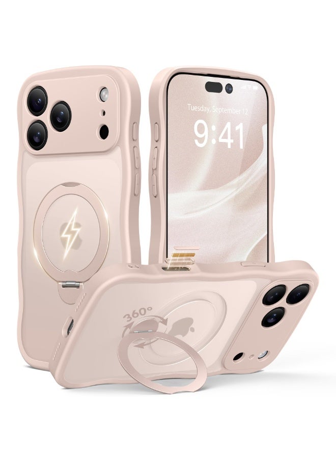 جولبينبوكس غطاء آيفون 17 برو ماكس مع MagSafe وحامل مغناطيسي دوار 360°، ‏[متوافق مع MagSafe] ‏[حافة على شكل موجة لطيفة] ‏[حماية بدرجة عسكرية]، غطاء هاتف آيفون 17 برو ماكس، باللون الوردي الذهبي - Image 1