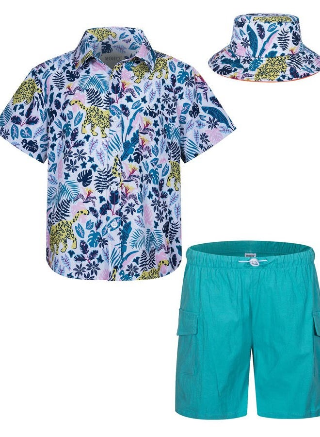 MOHEZ Boys Hawaiian Shirt and Short Set Summer Outfit Kids 2 Piece Clothes Button Down Printed Shirts Set with Bucket Hat White 9-10 Years Old  - Image 1