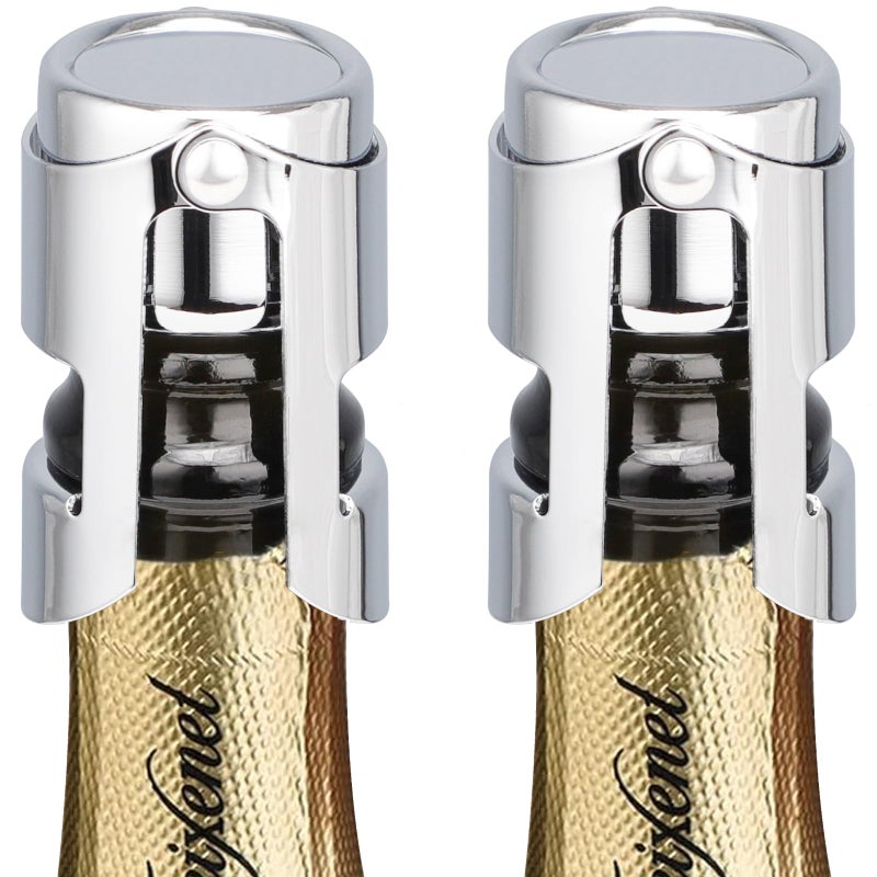 HYZ Champagne Stoppers  Stainless Steel Sparkling Wine Bottle Stopper with Pure Silicone Air Tight Seal  Professional Wine Saver for ChampagneProsecco and Cava 2Pack Chrome