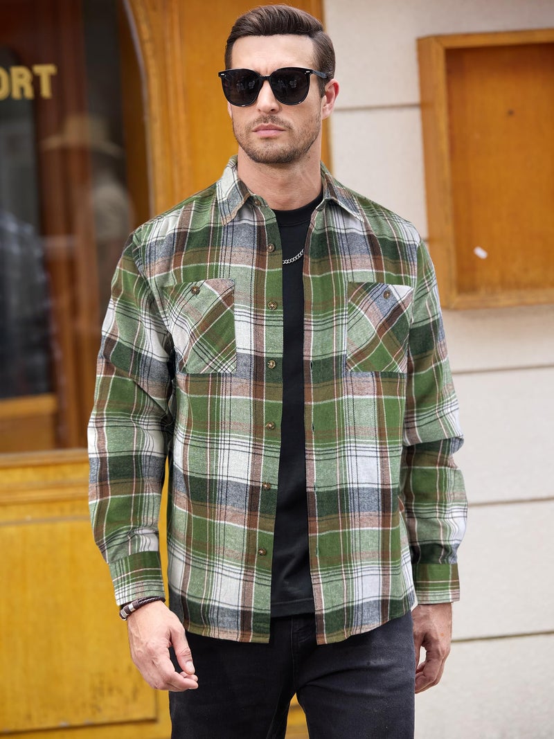 PLEPAN Mens Shirts Long Sleeve Casual Button Down Plaid Flannel Shirt with Pockets, Green/Coffee Plaid, M - Image 2