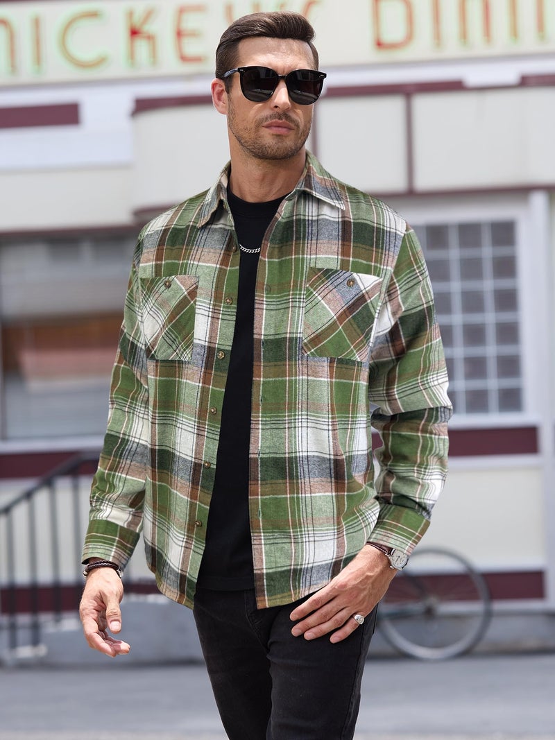 PLEPAN Mens Shirts Long Sleeve Casual Button Down Plaid Flannel Shirt with Pockets, Green/Coffee Plaid, M - Image 5