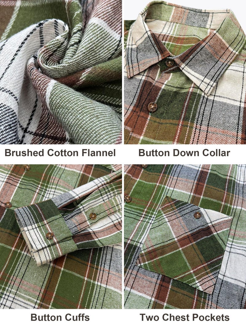 PLEPAN Mens Shirts Long Sleeve Casual Button Down Plaid Flannel Shirt with Pockets, Green/Coffee Plaid, M - Image 3