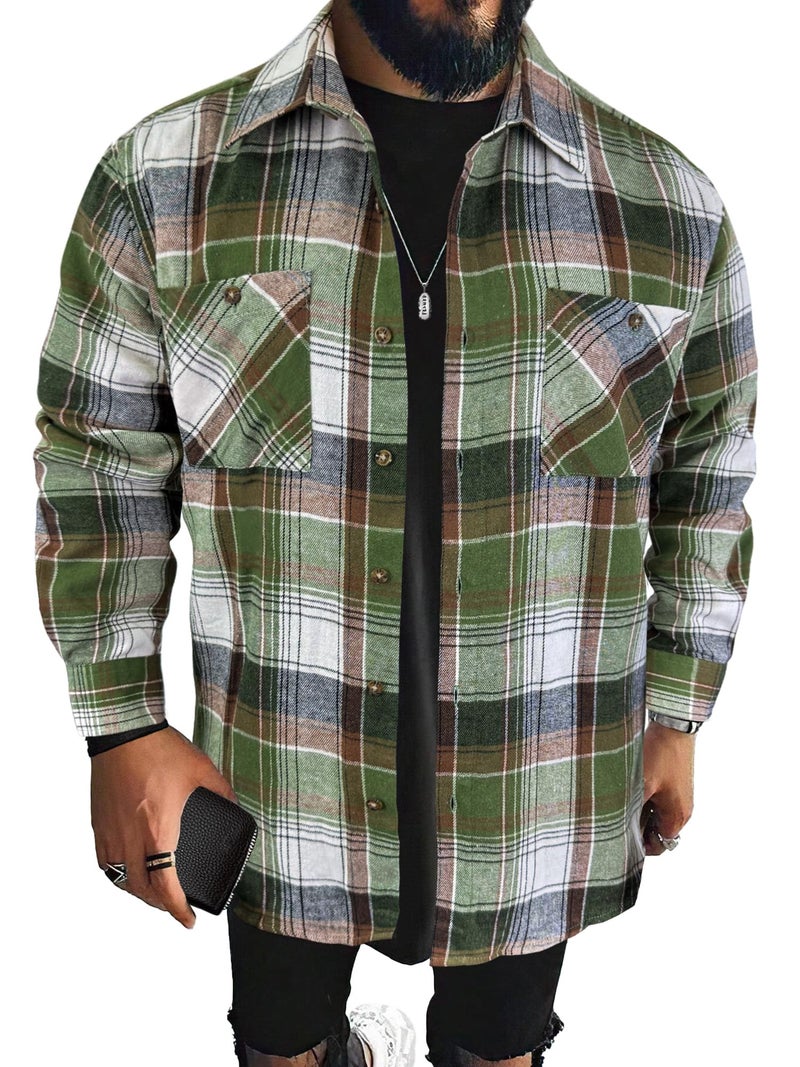 PLEPAN Mens Shirts Long Sleeve Casual Button Down Plaid Flannel Shirt with Pockets, Green/Coffee Plaid, M - Image 1