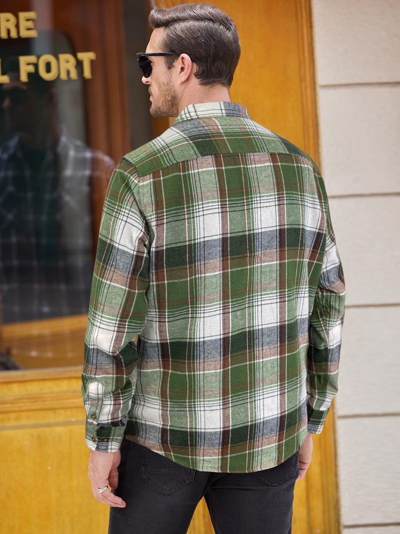 PLEPAN Mens Shirts Long Sleeve Casual Button Down Plaid Flannel Shirt with Pockets, Green/Coffee Plaid, M - Image 4