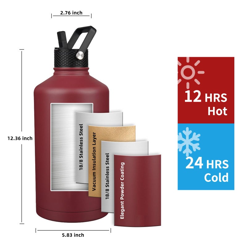 YONICOER Insulated Water Bottle 128oz,Triple Wall Vacuum Stainless Steel(Dishwasher Safe),Leak Proof & Non-BPA,Flask Jug with Paracord Handle & Straw Spout Lids Sports Red - Image 2