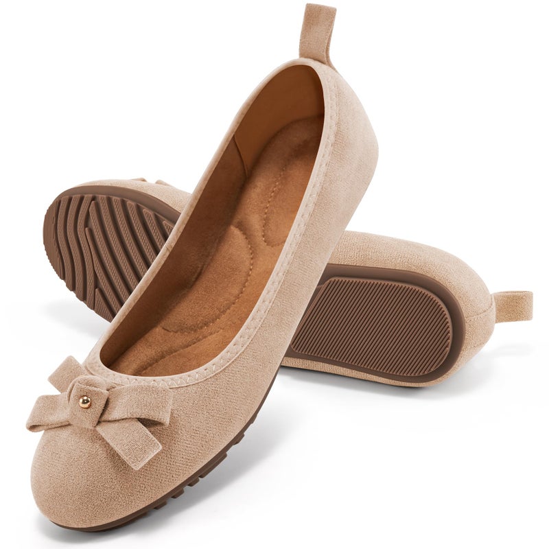 Ecetana Womens Ballet Flats Shoes 2025 Dressy Round Toe Foldable Flats Bow Comfortable Faux Suede Slip on Loafers Apricot