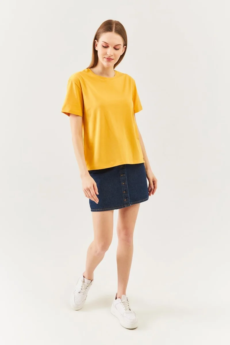 بوتيكجيز Mustard Oversize Comfortable Cotton Combed Crew Neck Short Sleeve Basic T-Shirt