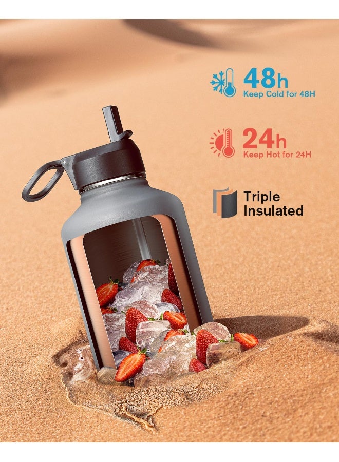 Coolflask 64 oz Insulated Water Bottle with Straw & 3 Lids, Coolflask Half Gallon Water Jug Large Metal Stainless Steel Wide Mouth for Sports, Gym or Office, Non-BPA Keep Cold 48H Hot 24H, Knight Grey - Image 2