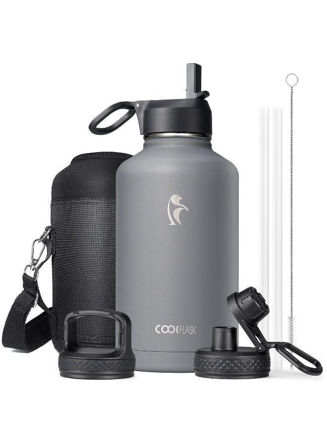 Coolflask 64 oz Insulated Water Bottle with Straw & 3 Lids, Coolflask Half Gallon Water Jug Large Metal Stainless Steel Wide Mouth for Sports, Gym or Office, Non-BPA Keep Cold 48H Hot 24H, Knight Grey - Image 1
