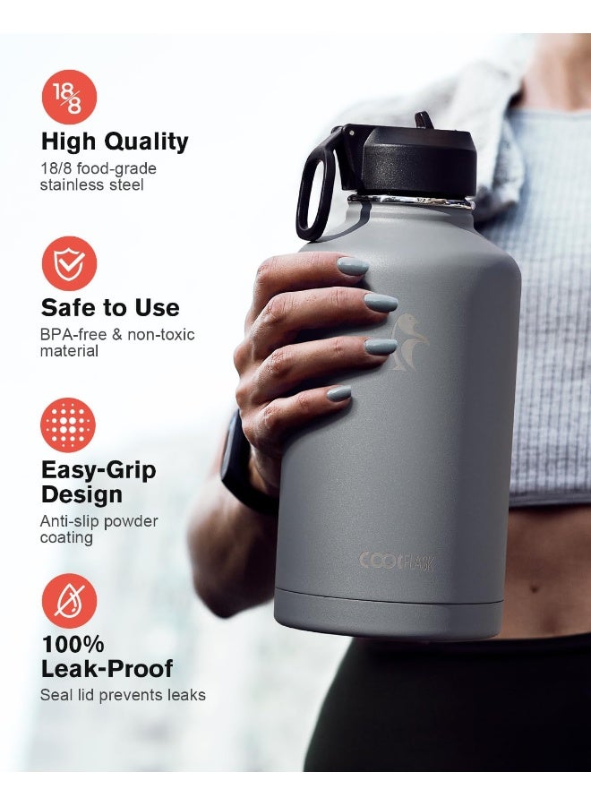 Coolflask 64 oz Insulated Water Bottle with Straw & 3 Lids, Coolflask Half Gallon Water Jug Large Metal Stainless Steel Wide Mouth for Sports, Gym or Office, Non-BPA Keep Cold 48H Hot 24H, Knight Grey - Image 3