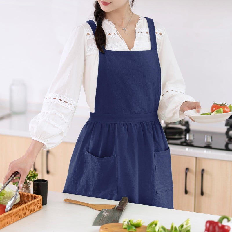 Pinknoke Cotton Linen Pinafore Apron Dress for Women with Pockets Cute Art Chef Aprons for Kitchen Baking Gardening Painting - Image 2