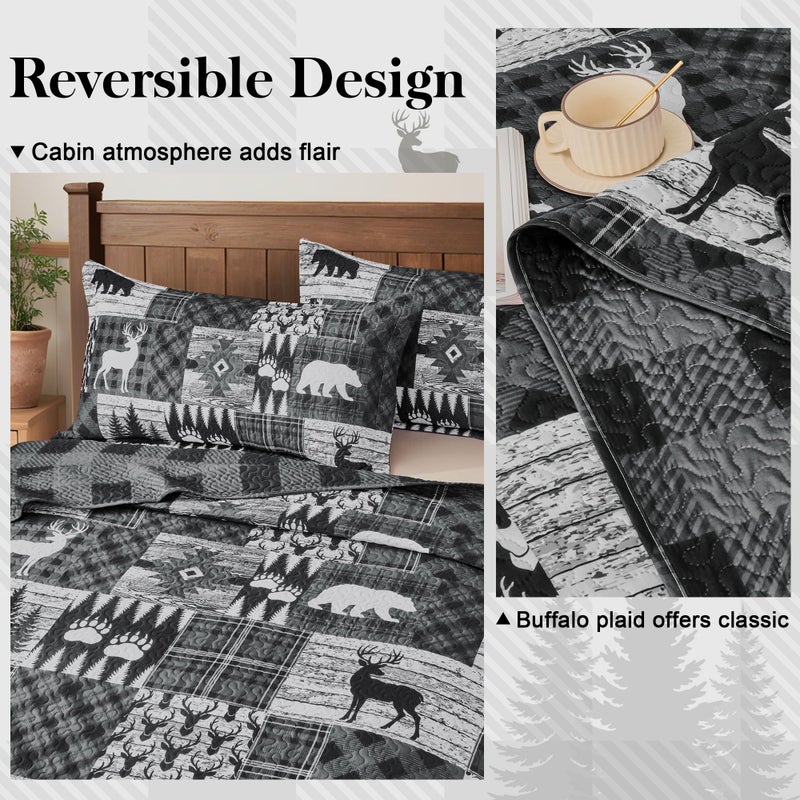 Tritard 3 Piece Cabin Full/Queen Quilt Sets Farmhouse Rustic Reversible Microfiber Soft Lightweight Bedspread Comforter with 2 Shams Patchwork Country Lodge Bedding Quilts Set for All Season, 90''x96'' , Grey - Image 4