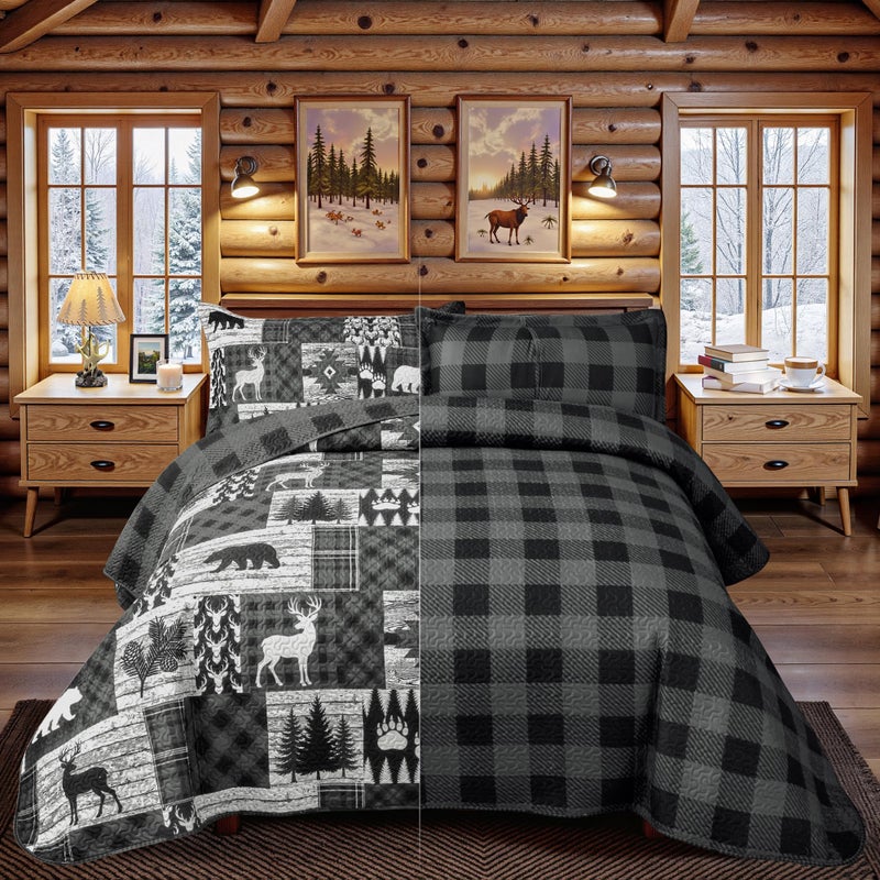 Tritard 3 Piece Cabin Full/Queen Quilt Sets Farmhouse Rustic Reversible Microfiber Soft Lightweight Bedspread Comforter with 2 Shams Patchwork Country Lodge Bedding Quilts Set for All Season, 90''x96'' , Grey - Image 3