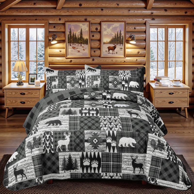 Tritard 3 Piece Cabin Full/Queen Quilt Sets Farmhouse Rustic Reversible Microfiber Soft Lightweight Bedspread Comforter with 2 Shams Patchwork Country Lodge Bedding Quilts Set for All Season, 90''x96'' , Grey - Image 1