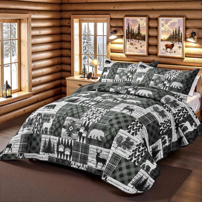 Tritard 3 Piece Cabin Full/Queen Quilt Sets Farmhouse Rustic Reversible Microfiber Soft Lightweight Bedspread Comforter with 2 Shams Patchwork Country Lodge Bedding Quilts Set for All Season, 90''x96'' , Grey - Image 2