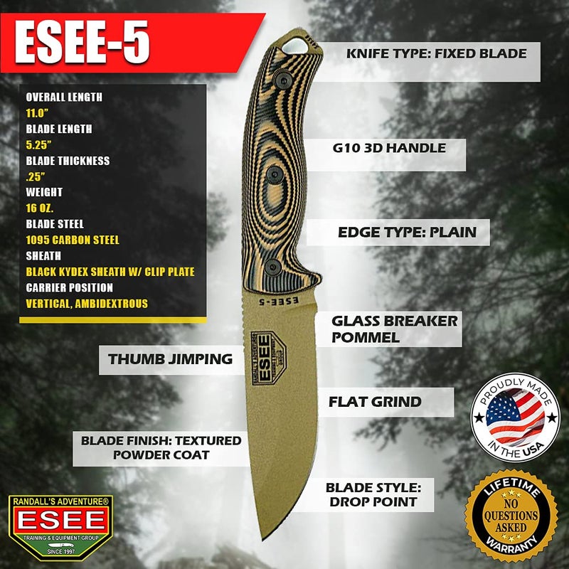 ESEE-5 1095 Carbon Steel, Black Kydex Sheath (Dark Earth Blade, Coyote/Black G10 3D Handle) - Image 2