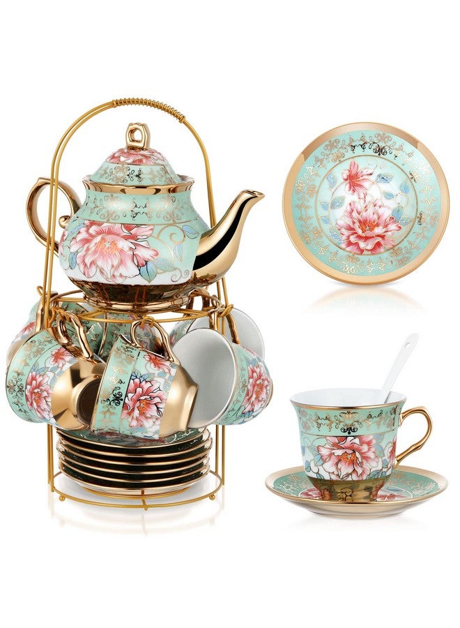 Zhehao 20 Pcs Porcelain Tea Set with Metal Holder and Spoon Adult Ceramic Tea Party Set European Flower Painting Teapot Cup Saucer Spoon Set for Women, Large Version(Fresh Style) - Image 1
