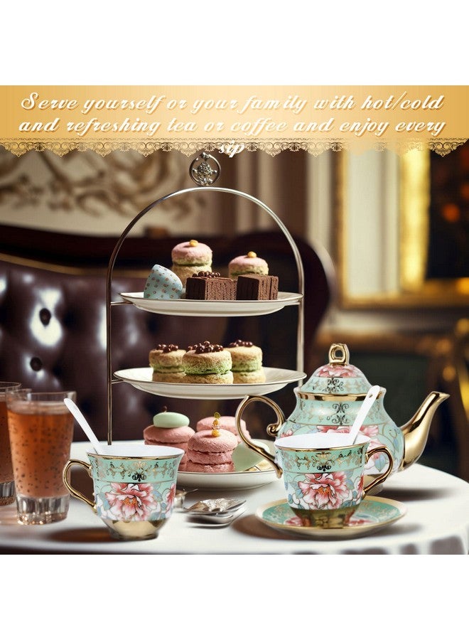 Zhehao 20 Pcs Porcelain Tea Set with Metal Holder and Spoon Adult Ceramic Tea Party Set European Flower Painting Teapot Cup Saucer Spoon Set for Women, Large Version(Fresh Style) - Image 5